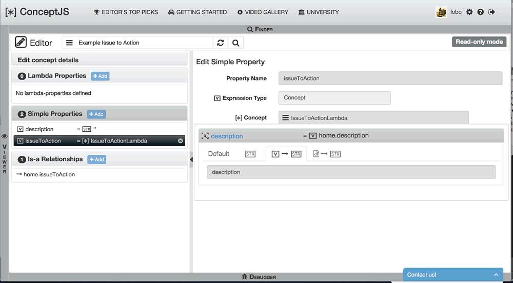 Editor Viewer, selected details of a concept.