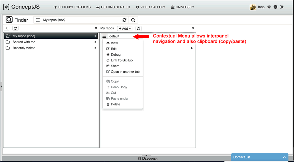Finder Viewer, contextual menu default navigation and clipboard options