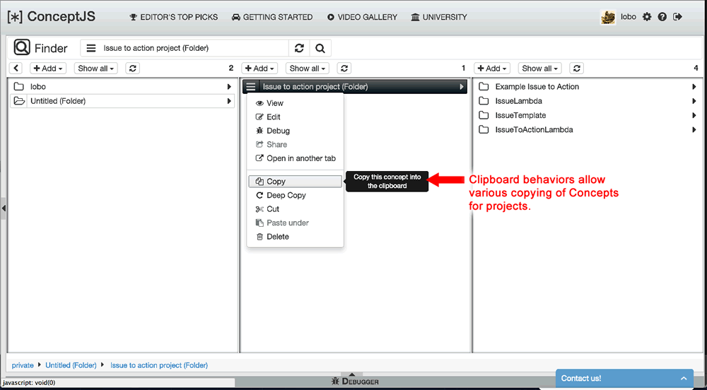 Finder Viewer, contextual menu, clipboard of copying concepts