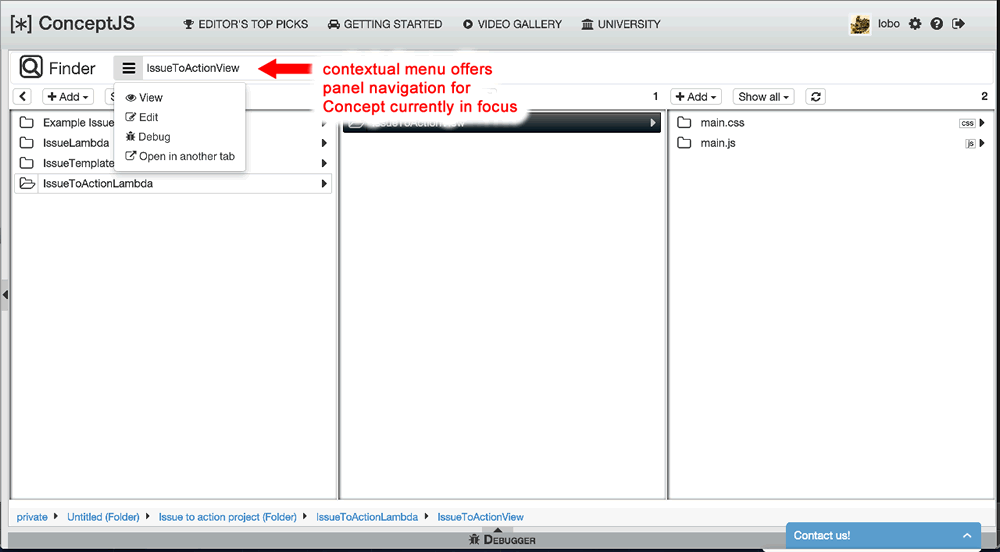 Finder Viewer, contextual menu of a specific concept given view, edit, debug