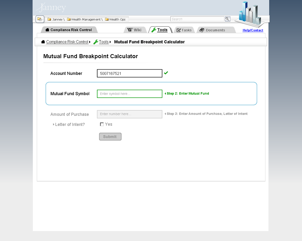 Form Step Two, Mutual Fund Symbol input.