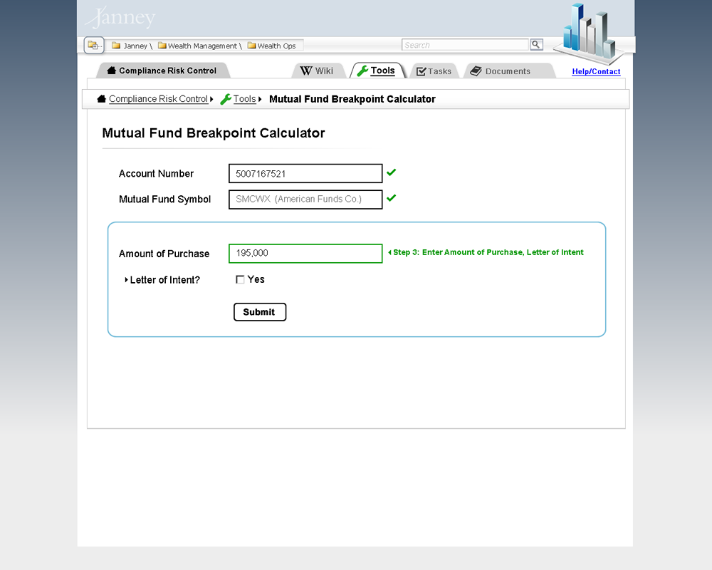 Form Step Three, Amount of Purpose input, submit button visible after value added to input.