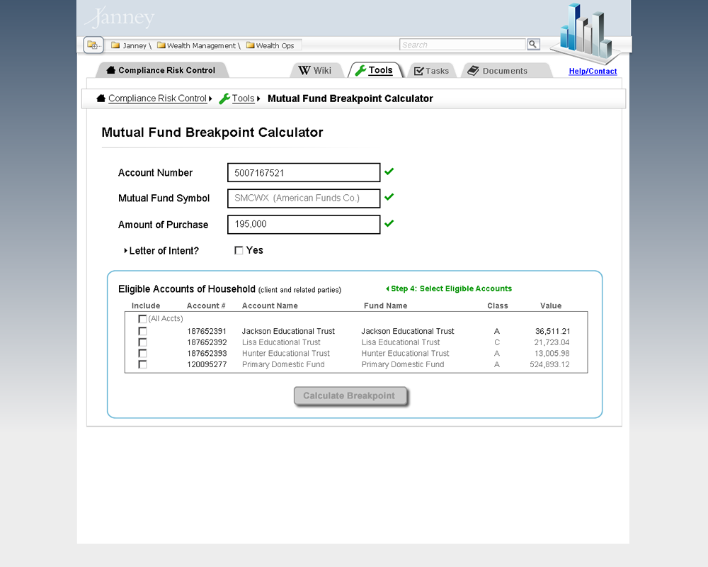 Form Step Five, Submit Button without Letter of Intent, Eligible Accounts of Household list of options for checkmark.