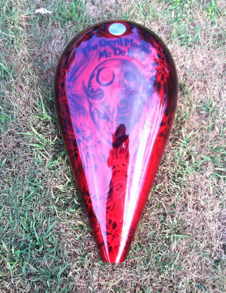 Candy Red Jersey Devil Tank, top view, close up