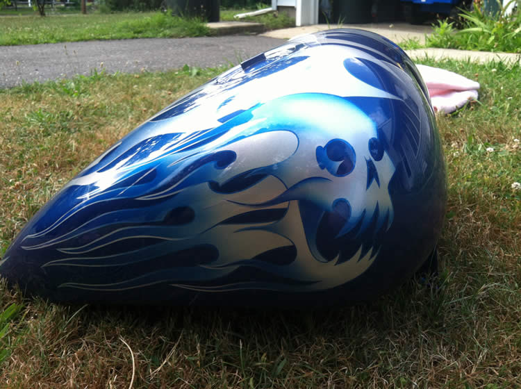 Blue Fire Skull Tank, side view, top zoom